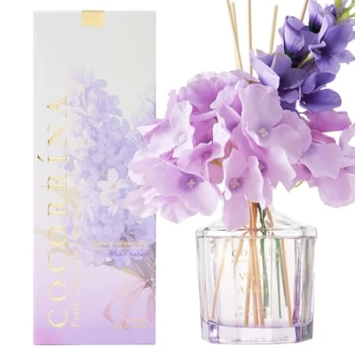 Immagine di Cocorrína Fiore Diffusore Profumo Ambiente con 8 bastoncini di fragranza 250ml Ambra Viola, naturale, lunga durata, per la camera da letto, l&#039;ufficio, il bagno (Collezione Master)