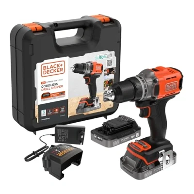 Immagine di BLACK+DECKER POWERCONNECT™ 18V Trapano avvitatore a batteria con 2 batterie da 2,0Ah, caricatore 1A e kitbox, BCD382D2XK QW