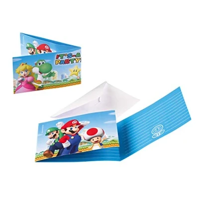 Immagine di Set di 8 inviti e buste, motivo Super Mario Bros, per feste compleanno bambini o a tema