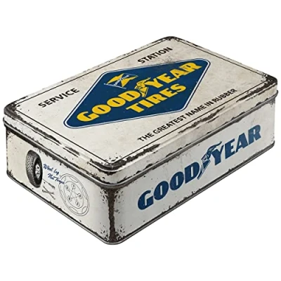 Immagine di Nostalgic Art Contenitori di latta retrò piatti, Goodyear Logo White Idea regalo per amanti auto e moto, con coperchio, Design vintage, 2,5 l