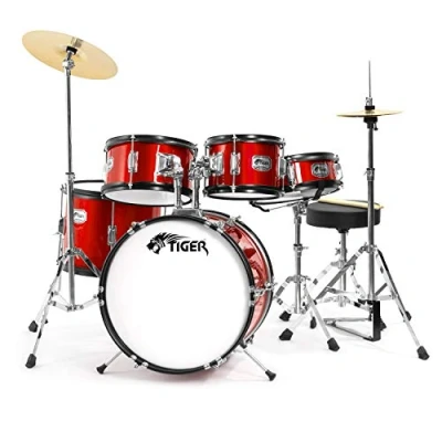 Immagine di TIGER JDS14 RD Batteria per ragazzi 5 pezzi, con rullante, tom, basso, pedale, Hi Hat, piatti crash, bacchette e sgabello colore rosso