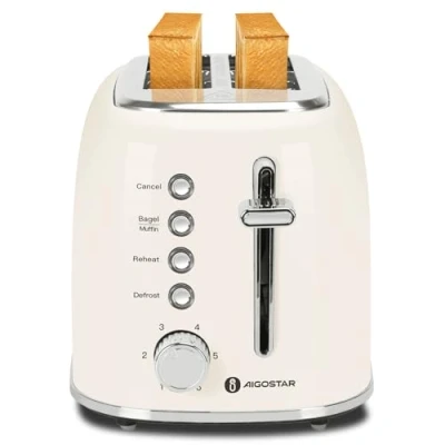 Immagine di Aigostar Tostapane, 2 fette con fessure extra larghe, 6 livelli di tostatura, Spegnimento Automatico, Vassoio raccogli briciole rimovibile, Tosta pane, Bagel e waffle, 800W acciaio inox, Cream Vintage