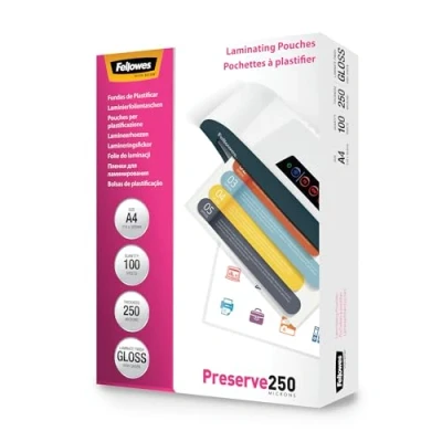 Immagine di Fellowes Pouches per plastificazione documenti, formato A4, Finitura lucida, confezione da 100 pezzi, 500 micron, 2x250 di alta qualità, adatti avvisi esterni e menù
