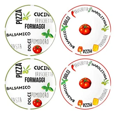 Immagine di MamboCat Set di 4 piatti per pizza Tomate bianco con decorazione I verde e rosso Ø 31 cm Piatto grande bei motivi &amp; scritte o arredamento
