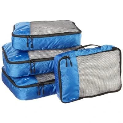 Immagine di Amazon Basics Organizer da Viaggio Salvaspazio per Valigie, con Cerniera, Set 4 Pezzi, 2 Medi e Grandi, Blu