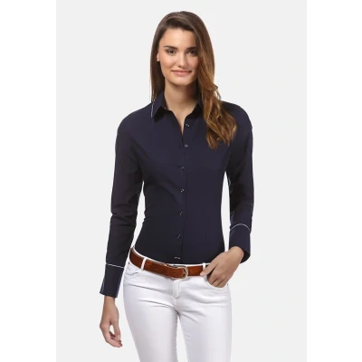 Immagine di Vincenzo Boretti Camicia Blusa Donna Elegante, Taglio Abbastanza Aderente, Manica Lunga, in Tinta Unita, Facile da Stirare, Collo Classico Blu Scuro 44