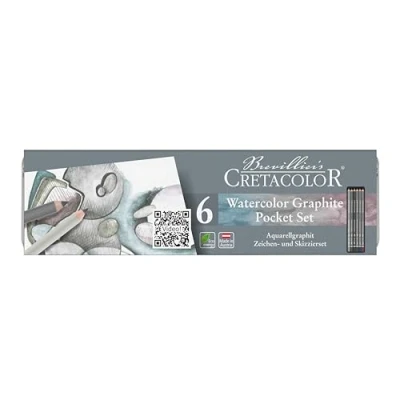 Immagine di CRETACOLOR Watercolor Graphite Pocket Set, matite di grafite acquerellabili, 3 colori e graduazioni grafite, robusta custodia in metallo, polvere miniera solubile acqua
