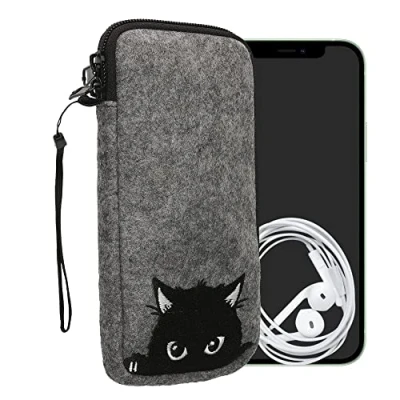 Immagine di kwmobile Custodia in feltro con zip per Smartphone XXL 7&quot; Astuccio portacellulare a sacchetto cerniera e ricamo Borsa grigio/nero