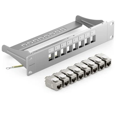 Immagine di deleyCON 8 Porto CAT7 Pannello Patch SET Campo Delle di Distribuzione Modulare 1 IU 10&quot; Pollici Montaggio Rack + 8x CAT 7 Keystone Moduli RJ45 10 Gbit/s 600 MHz Cavi Posa Grigio