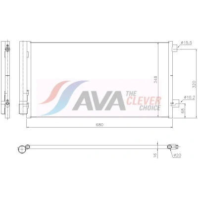 Immagine di AVA COOLING SYSTEMS JE5097D Condensatore con riempimento azoto essiccatore 15,5mm 10,2mm Alluminio 679mm R134a, R1234yf JEEP: Compass (MP
