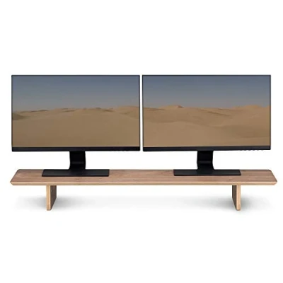 Immagine di Navaris Supporto Monitor Scrivania Doppio Porta Computer Legno Noce e Betulla Stand TV da Tavolo 109 x 23 12 cm