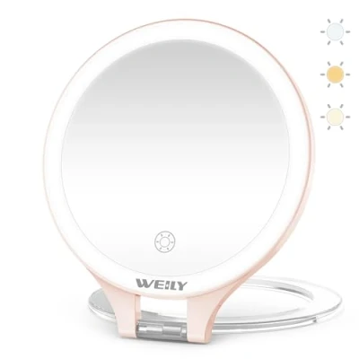 Immagine di WEILY Specchio Trucco con Luci, 10X/1X Ingranditore, Bifacciale da Viaggio, 3 Luci Colorate, Controllo Touch, Ricaricabile Portatile per Camera Letto e Bagno(Rosa)