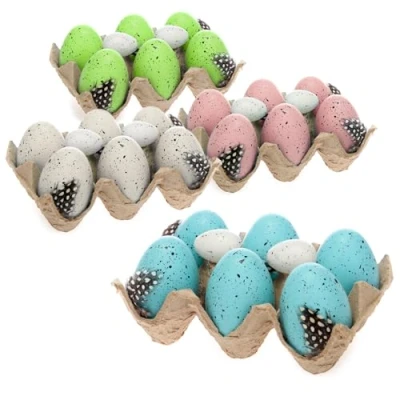 Immagine di com four® 24x Uova di Pasqua Decorative in Cartone con Piume e dall&#039;aspetto Naturale 4 Colori Pastello