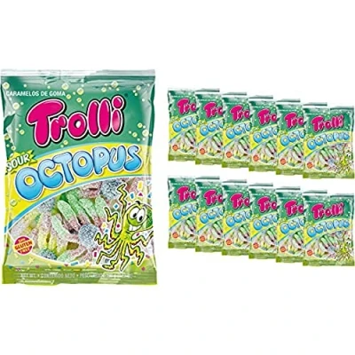 Immagine di Trolli Octopus Sour, Caramelle Gommose Zuccherate a Forma di Polipo, Gusto Frutta, Busta da 100 Gr, Cartone 12 Pezzi, Senza Glutine, Idea per Compleanni e Feste
