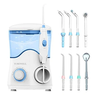 Immagine di TUREWELL Idropulsore Dentale con 8 Ugelli Multifunzione, 10 valori nominali di pressione dell&#039;acqua regolabili, pulsazioni ad alta frequenza capacità 600 ml (Bianco)