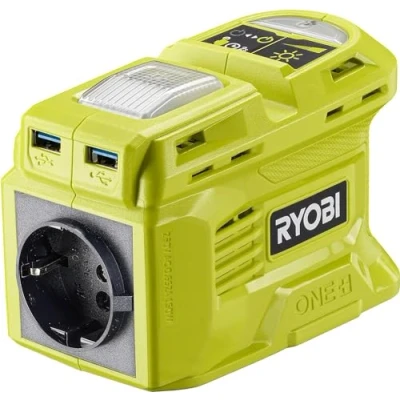 Immagine di Ryobi RY18BI150B 0, Trasformatore 2 in 1 18V ONE+, Alimentazione Continua di 150 W/ 1,7 A, Porta Elettrica EU, Porte USB A e C, Luce LED con Impostazioni Potenza