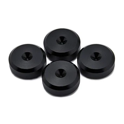 Immagine di PrecisionGeek Set di 4 cuscinetti per altoparlanti, in alluminio anodizzato nero, diametro 20 mm, forma smussata, supporto HiFi, armadi, soundbar