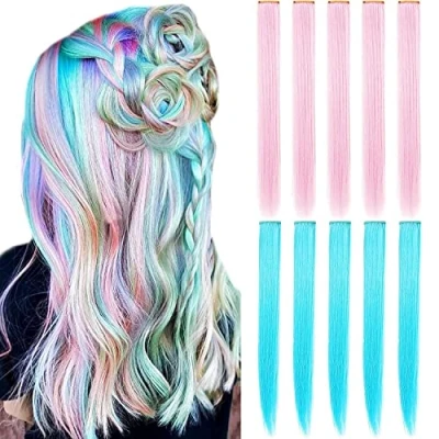 Immagine di LVSHANGMAO Multicolors Party Highlights Clip per capelli lisci colorati in estensioni dei sintetici multicolori 8PCS parrucchino lungo resistente al calore (rosa chiaro azzurro)