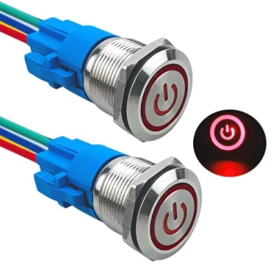 Immagine di Aiqeer 2 Pezzi 19 mm Interruttore a Pulsante Autobloccante, 12V / 24V 5A di Accensione per Auto, in Metallo con Presa Precablata (LED Rosso)
