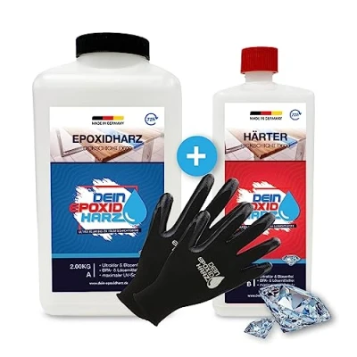 Immagine di Strato spesso, resina epossidica con indurente, set da 3 kg, qualità professionale, ultra trasparente e inodore, 10 cm in una colata + guanti protettivi