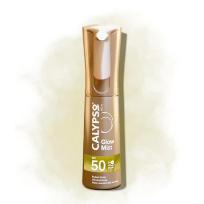 Immagine di Calypso Glow Mist SPF50 Finitura luminosa per la pelle, spray protettivo solare, resistente all&#039;acqua, protezione solare trasparente non appiccicosa, alta UVA e UVB, 100 ml