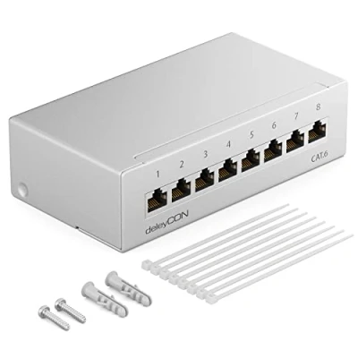 Immagine di deleyCON CAT 6 Pannello Patch Distribuzione con 8 Porte 1RU Montaggio a Parete e Desktop Schermatura Prese RJ45 Cavi d&#039;Installazione Rete Ethernet TIA568A TIA568B in RAL7035 Grigio Chiaro