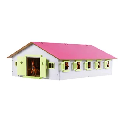 Immagine di Van Manen Kids Globe Farming 610188 Fattoria in Legno con 9 Box per Cavalli, Tetto Pieghevole, Colore: Rosa