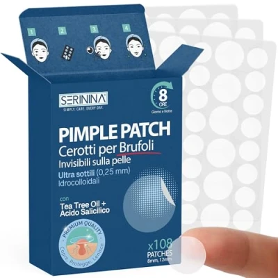 Immagine di Pimple Patch Cerotti Brufoli 108 Acne in 2 Misure Idrocolloidali Invisibili con Acido Salicilico e Tea Tree Oil Ultra Sottili