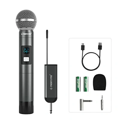 Immagine di Phenyx Pro Sistema microfonico digitale wireless singolo, 1 microfono dinamico portatile, mini ricevitore, 5 frequenze UHF, cordless in metallo per cantanti, karaoke, chiesa(PDP 1)