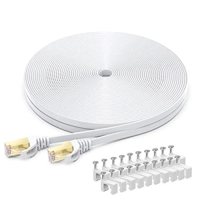 Immagine di BUSOHE Cavo Ethernet Cat 8 da 15 Metri, di Rete LAN Piatto Gigabit RJ45 ad Alta Velocità, Patch Internet 40Gbps 2000Mhz per Switch, Router, Modem, Panel e PC (Bianco)