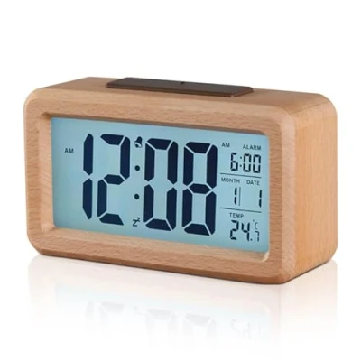 Immagine di LED Orologio digitale Senza Ticchettio con Display Data Temperatura Funzione Snooze, Sveglia in legno sensore intelligente luce notturna, da Comodino Luminosità Regolabile