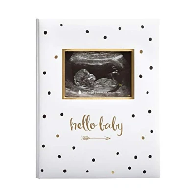 Immagine di Pearhead Hello Baby Libro dei ricordi per neonati, diario delle pietre miliari, regalo neomamma, neonato, ricordo premuroso battesimo o battesimo, a pois bianchi e neri, versione inglese