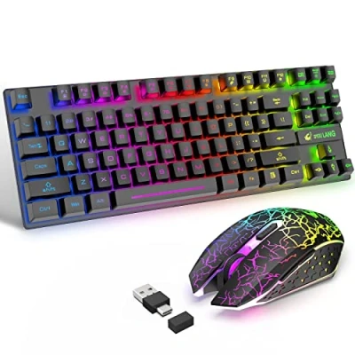 Immagine di Tastiera wireless a 87 tasti mouse combinato da gioco con retroilluminazione arcobaleno 2.4G ricaricabile sensazione meccanica+2400DPI LED+tappetini per (nero)