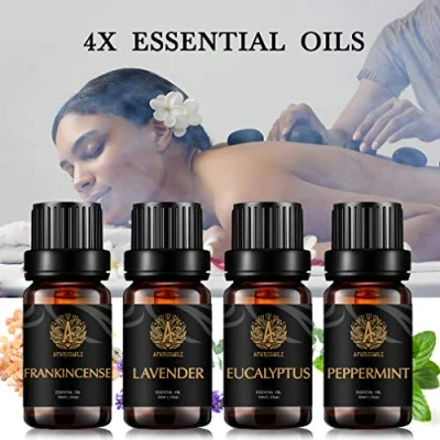 Immagine di Set di oli essenziali per aromaterapia, menta piperita, lavanda, incenso, eucalipto, profumati al 100%, terapeutici diffusore, massaggi, umidificatore, 4 x 10 ml