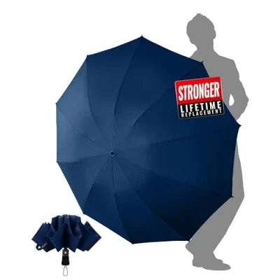 Immagine di Chakipee Ombrello Pieghevole Compatto Pioggia Blu Automatico Grande Ombrelli Antivento Robusto Inverso Portatile Uomo Donna da Viaggio Resistenti 210T 10 Stecche