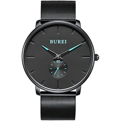 Immagine di BUREI Orologio da uomo Ultra sottile nero quadrante grande con puntatori blu al quarzo analogico cinturino a maglie in acciaio inossidabile