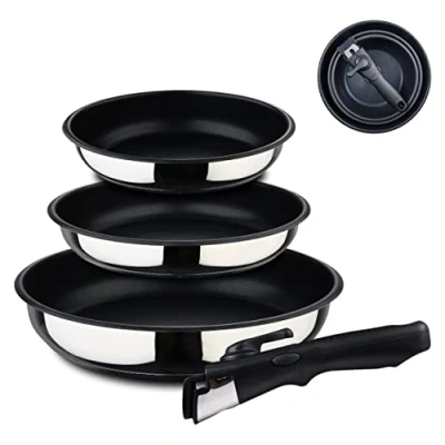 Immagine di BERGNER Click&amp;Cook Juego de Sartenes 4 Piezas Acero Inoxidable y Antiadherente Incluye 3 18, 20 24 cm Con 1 Mango Ergonómico Extraíble Para Todo Tipo Cocinas Horno