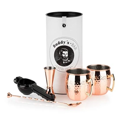 Immagine di Buddy&#039;s bar Moscow Mule set completo, 2 bicchieri da cocktail 500 ml, cucchiaio 27 cm, misuratore 5 cl e spremiagrumi nero, per uso alimentare, di tazze con