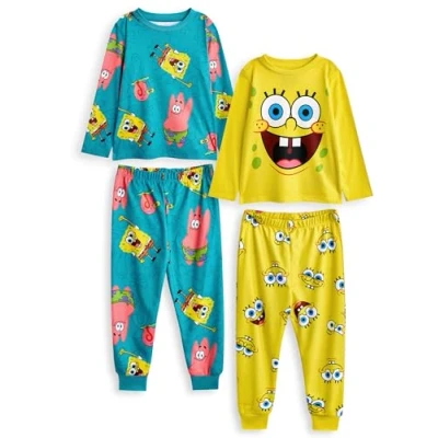 Immagine di SpongeBob Squarepants Set Pigiama per Bambini, Confezione da 2 Top a Maniche Lunghe con Grafica Gialla e Blu Bambini Pantaloni Gamba Lunga