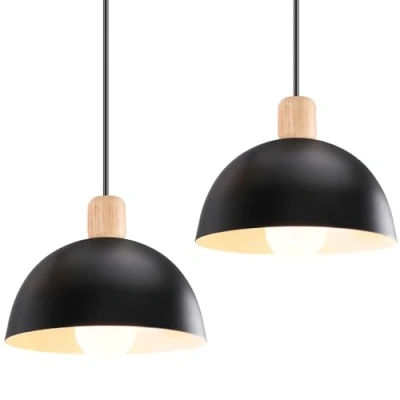 Immagine di iDEGU 2 Pezzi Lampade a Sospensione Retrò 20CM LED Lampada Soffitto in Legna Metallo Moderna Lampadario Stile Scandinavo Semicerchio Plafoniera per Soggiorno Sala da Pranzo Camera Letto (Nero)