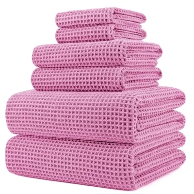 Immagine di POLYTE Set di 6 asciugamani da bagno in microfibra oversize, 76 x 152 cm, ad asciugatura rapida, senza pelucchi, colore rosa a nido d&#039;ape