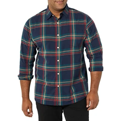 Immagine di Amazon Essentials Camicia in Popeline Elasticizzato A Manica Lunga dalla vestibilità Aderente Uomo, Blu Marino Rosso Foglia di tè Motivo Scozzese, XS