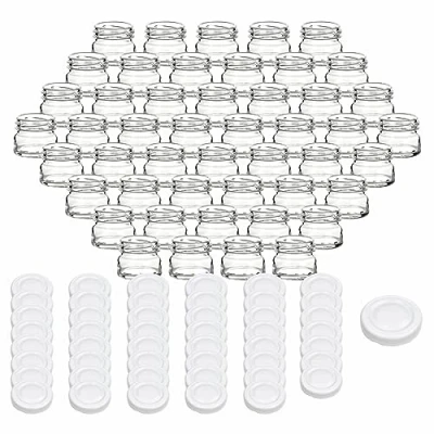 Immagine di gouveo Set di 48 vasetti per conserva 30 ml mini con coperchio a vite bianco conservazione tappo TO43 rotondi conserve, marmellata, spezie (EGR030W)