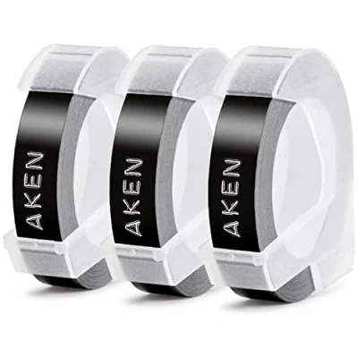 Immagine di 3D Nastro Etichette a Rilievo Aken compatibile in sostituzione di Dymo Embossing Autoadesive S0847730 Bianca su Nero, per Junior Omega Etichettatrici Rilievo, 9 mm x 3 m, 3X
