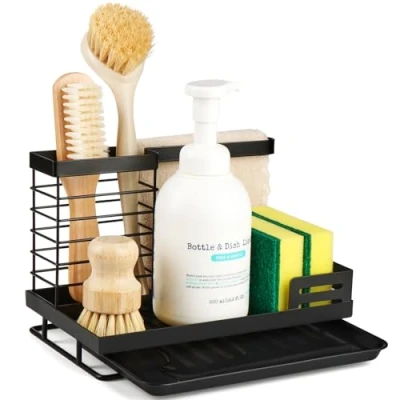 Immagine di Sinnsally Porta Spugna Cucina Lavello,Organizzatore per Lavello,Porta Spugne Lavello Cestello con Vassoio Raccogli Gocce Rimovibile,Ideale Tenere in Ordine Sapone,Spugne,Spazzole e Strofinaccio