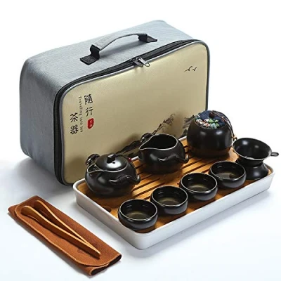 Immagine di fanquare Portatile Set da Tè Kung Fu, Servizio Cinese Fatto a Mano, Teiera in Porcellana, Tazze Tè, Vassoio Bambù, con una Bustina Viaggio, nero