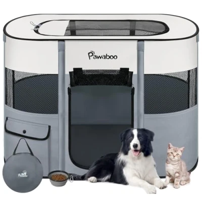 Immagine di Pawaboo Gabbie per Animali Pieghevole, Recinto Domestici in Telo Oxford Impermeabile con Rete, Tenda da Gioco Gatti Cani Cuccioli Portatile Interno o Esterno, M, Grigio