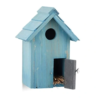 Immagine di Relaxdays Nido artificiale casetta per uccellini legno, appendere, porta piccola apertura HLP: 24,3 x 17 12 cm, celeste
