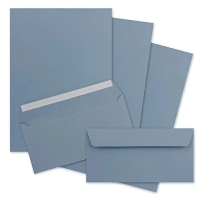 Immagine di FarbenFroh by Gustav Neuser Set di 25 fogli carta da lettere opaca, formato DIN A4, con buste lunghe, chiusura adesiva, colore: grigio e blu