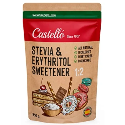 Immagine di Dolcificante Stevia + Eritritolo 1:2 1g = 2g Zucchero Sostituto dello 100% Naturale 0 calorie Indice Glicemico Keto e Paleo Carboidrati No OGM Castello since 1907 850 g